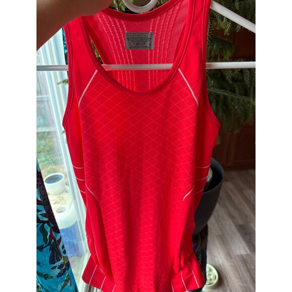 Women's Athleta Finish Fast Line Athletic Tank Top Neon Coral, White Lines - Picture 9 of 9